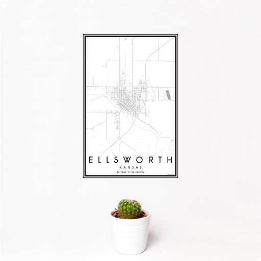 12x18 Ellsworth Kansas Map Print Portrait Orientation in Classic Style With Small Cactus Plant in White Planter