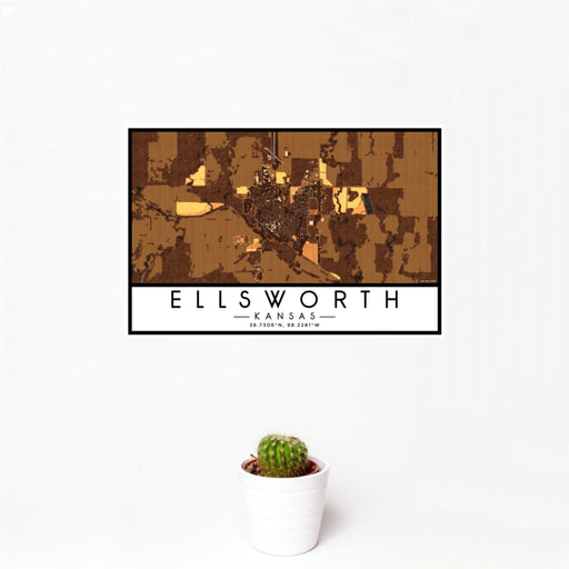 12x18 Ellsworth Kansas Map Print Landscape Orientation in Ember Style With Small Cactus Plant in White Planter