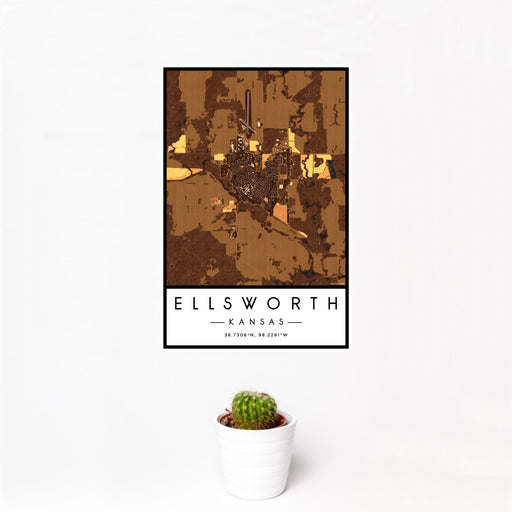 12x18 Ellsworth Kansas Map Print Portrait Orientation in Ember Style With Small Cactus Plant in White Planter