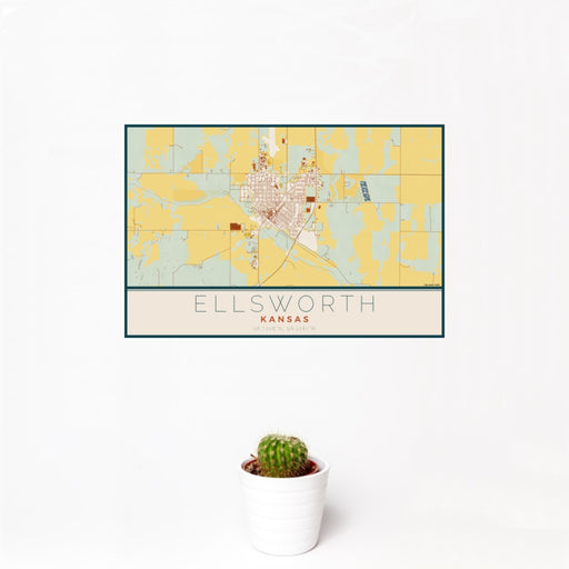 12x18 Ellsworth Kansas Map Print Landscape Orientation in Woodblock Style With Small Cactus Plant in White Planter