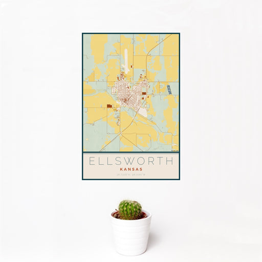 12x18 Ellsworth Kansas Map Print Portrait Orientation in Woodblock Style With Small Cactus Plant in White Planter