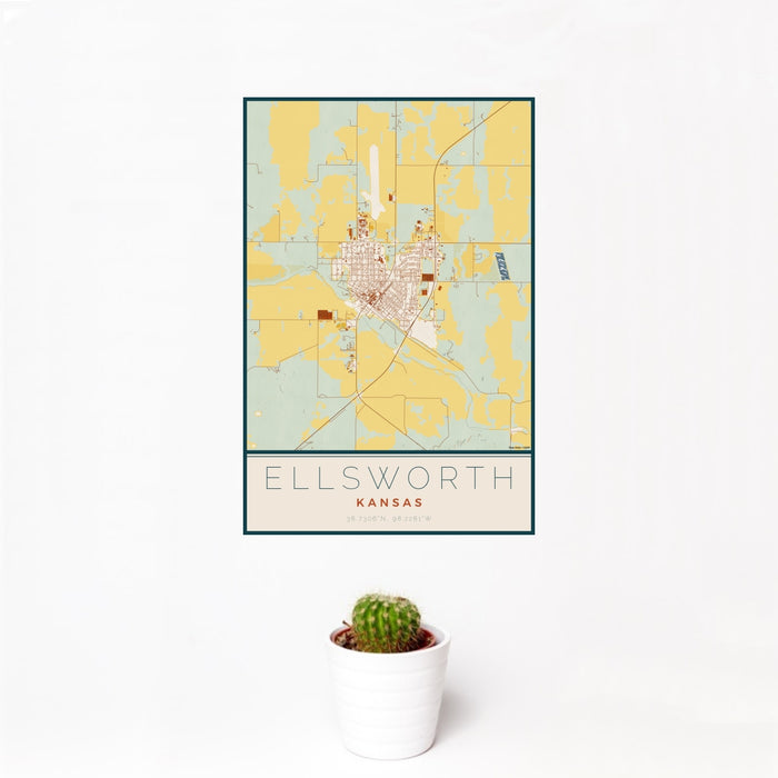 12x18 Ellsworth Kansas Map Print Portrait Orientation in Woodblock Style With Small Cactus Plant in White Planter