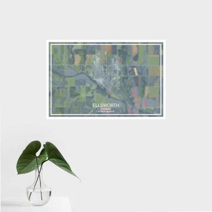 16x24 Ellsworth Kansas Map Print Landscape Orientation in Afternoon Style With Tropical Plant Leaves in Water