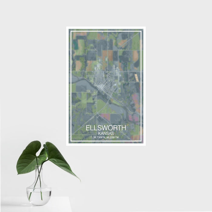 16x24 Ellsworth Kansas Map Print Portrait Orientation in Afternoon Style With Tropical Plant Leaves in Water