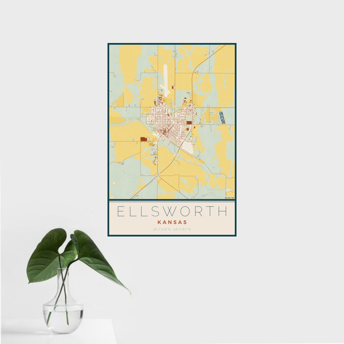 16x24 Ellsworth Kansas Map Print Portrait Orientation in Woodblock Style With Tropical Plant Leaves in Water