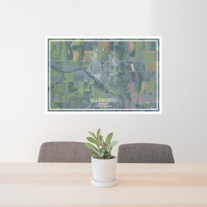 24x36 Ellsworth Kansas Map Print Lanscape Orientation in Afternoon Style Behind 2 Chairs Table and Potted Plant