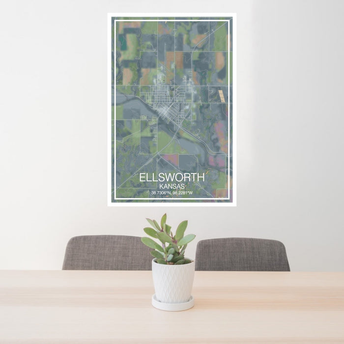 24x36 Ellsworth Kansas Map Print Portrait Orientation in Afternoon Style Behind 2 Chairs Table and Potted Plant