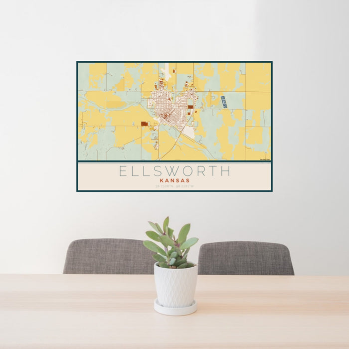 24x36 Ellsworth Kansas Map Print Lanscape Orientation in Woodblock Style Behind 2 Chairs Table and Potted Plant