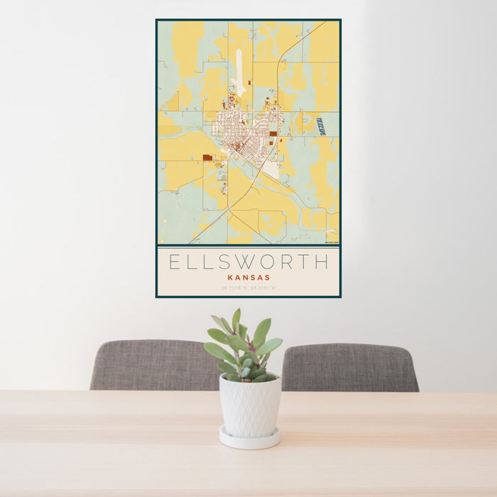 24x36 Ellsworth Kansas Map Print Portrait Orientation in Woodblock Style Behind 2 Chairs Table and Potted Plant