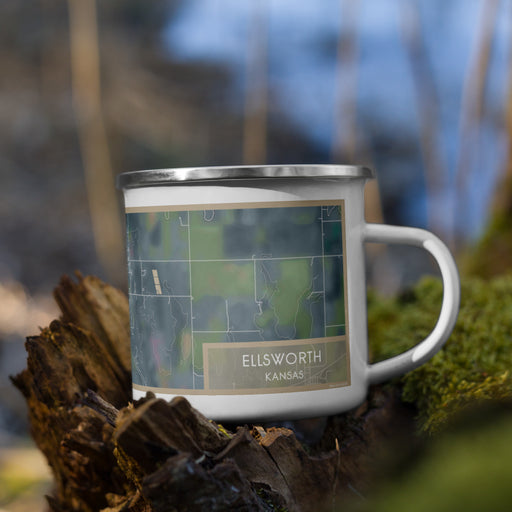 Right View Custom Ellsworth Kansas Map Enamel Mug in Afternoon on Grass With Trees in Background