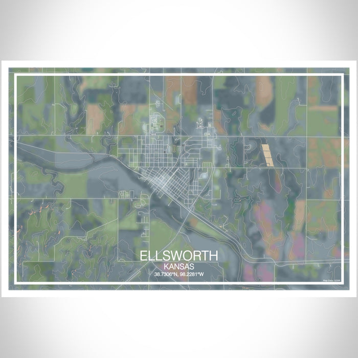 Ellsworth Kansas Map Print Landscape Orientation in Afternoon Style With Shaded Background