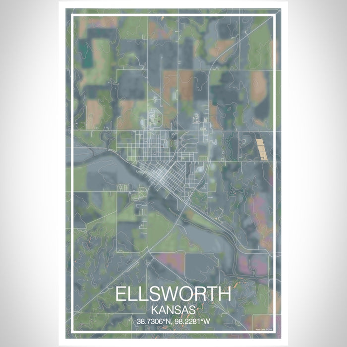 Ellsworth Kansas Map Print Portrait Orientation in Afternoon Style With Shaded Background