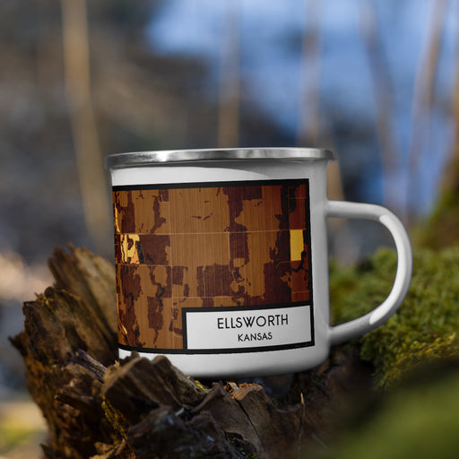 Right View Custom Ellsworth Kansas Map Enamel Mug in Ember on Grass With Trees in Background