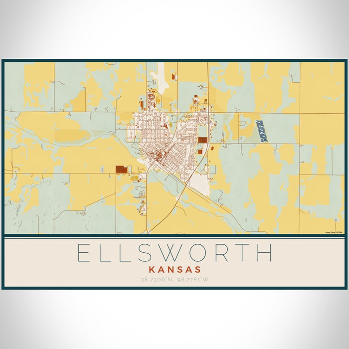 Ellsworth Kansas Map Print Landscape Orientation in Woodblock Style With Shaded Background