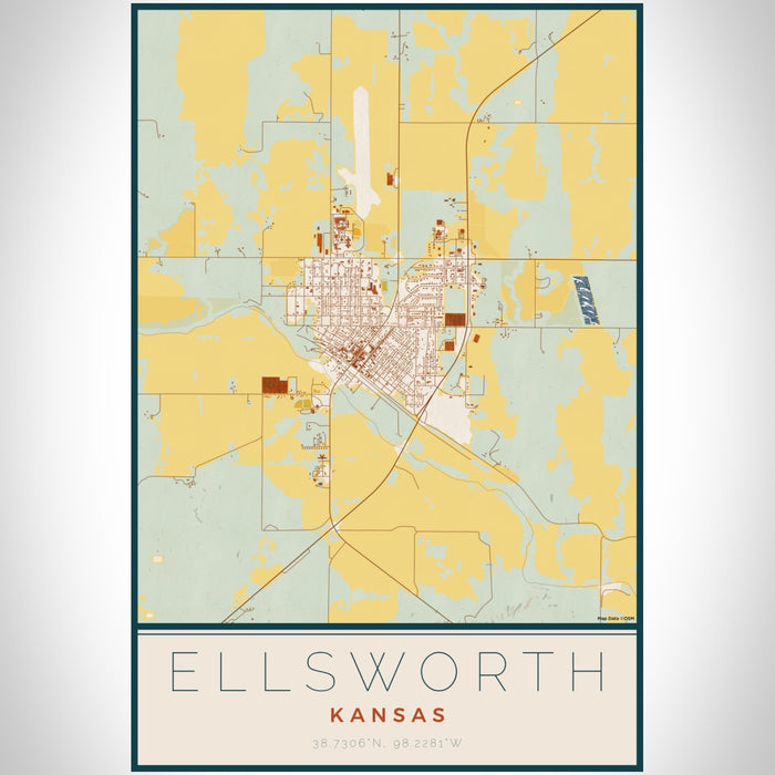 Ellsworth Kansas Map Print Portrait Orientation in Woodblock Style With Shaded Background