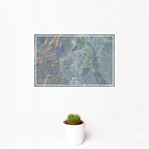 12x18 Ely Nevada Map Print Landscape Orientation in Afternoon Style With Small Cactus Plant in White Planter