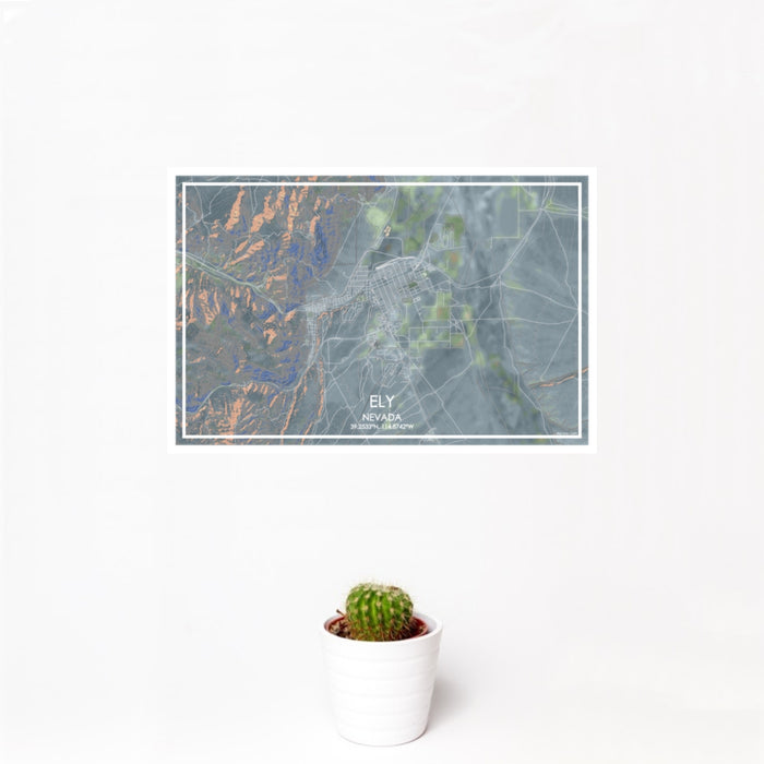 12x18 Ely Nevada Map Print Landscape Orientation in Afternoon Style With Small Cactus Plant in White Planter