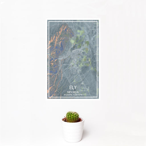 12x18 Ely Nevada Map Print Portrait Orientation in Afternoon Style With Small Cactus Plant in White Planter