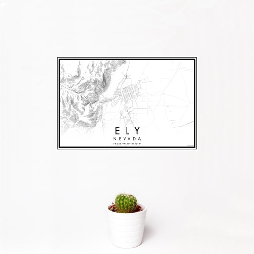 12x18 Ely Nevada Map Print Landscape Orientation in Classic Style With Small Cactus Plant in White Planter