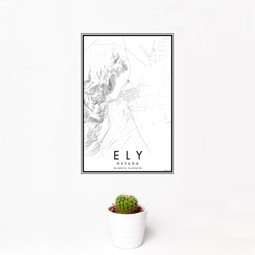12x18 Ely Nevada Map Print Portrait Orientation in Classic Style With Small Cactus Plant in White Planter