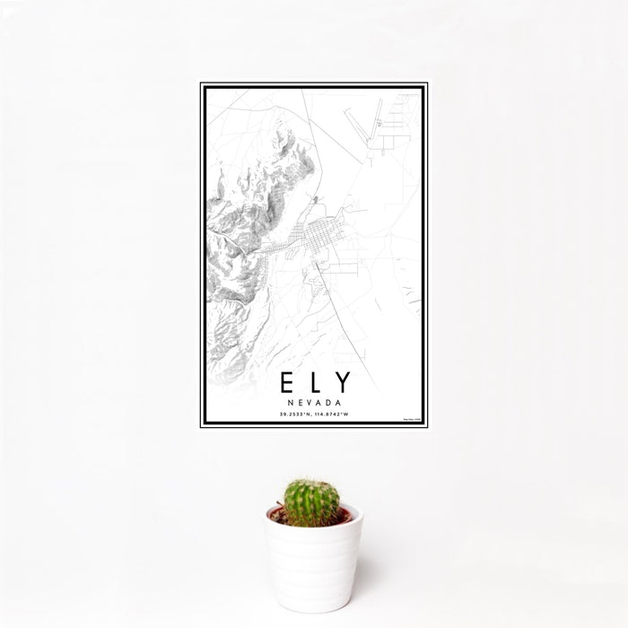 12x18 Ely Nevada Map Print Portrait Orientation in Classic Style With Small Cactus Plant in White Planter