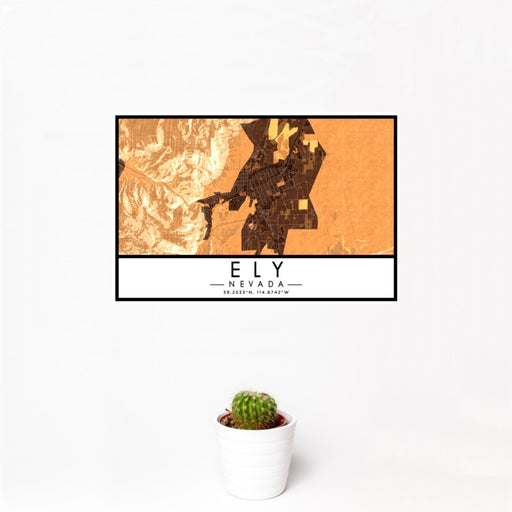 12x18 Ely Nevada Map Print Landscape Orientation in Ember Style With Small Cactus Plant in White Planter