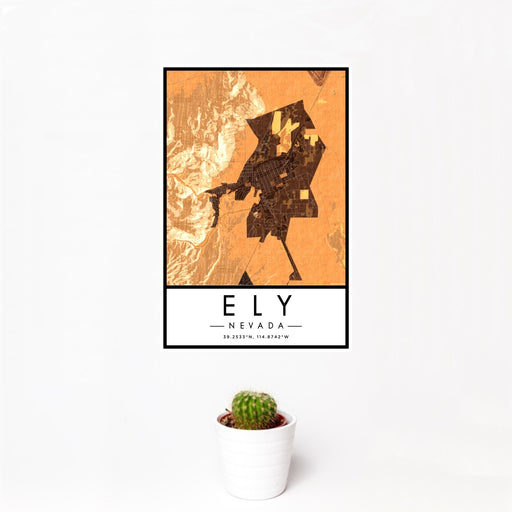 12x18 Ely Nevada Map Print Portrait Orientation in Ember Style With Small Cactus Plant in White Planter