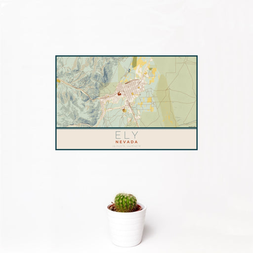 12x18 Ely Nevada Map Print Landscape Orientation in Woodblock Style With Small Cactus Plant in White Planter