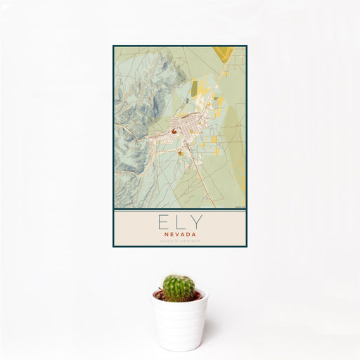 12x18 Ely Nevada Map Print Portrait Orientation in Woodblock Style With Small Cactus Plant in White Planter