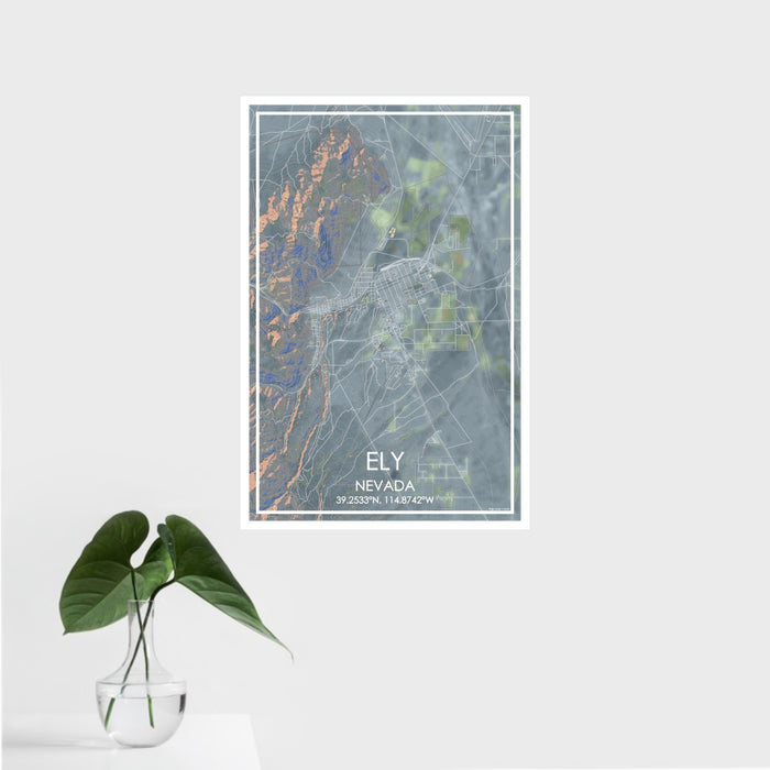 16x24 Ely Nevada Map Print Portrait Orientation in Afternoon Style With Tropical Plant Leaves in Water