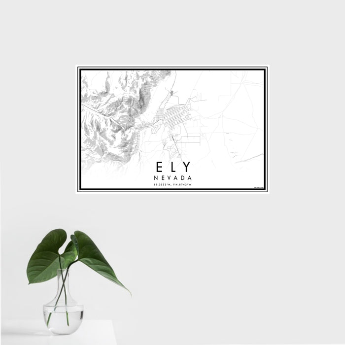 16x24 Ely Nevada Map Print Landscape Orientation in Classic Style With Tropical Plant Leaves in Water