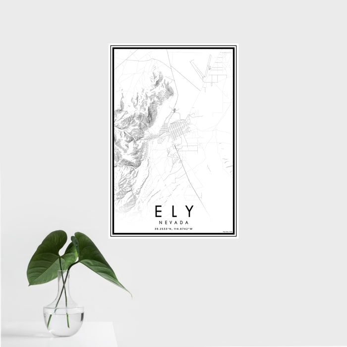 16x24 Ely Nevada Map Print Portrait Orientation in Classic Style With Tropical Plant Leaves in Water