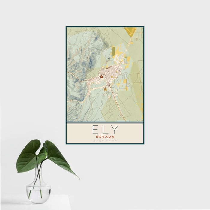16x24 Ely Nevada Map Print Portrait Orientation in Woodblock Style With Tropical Plant Leaves in Water