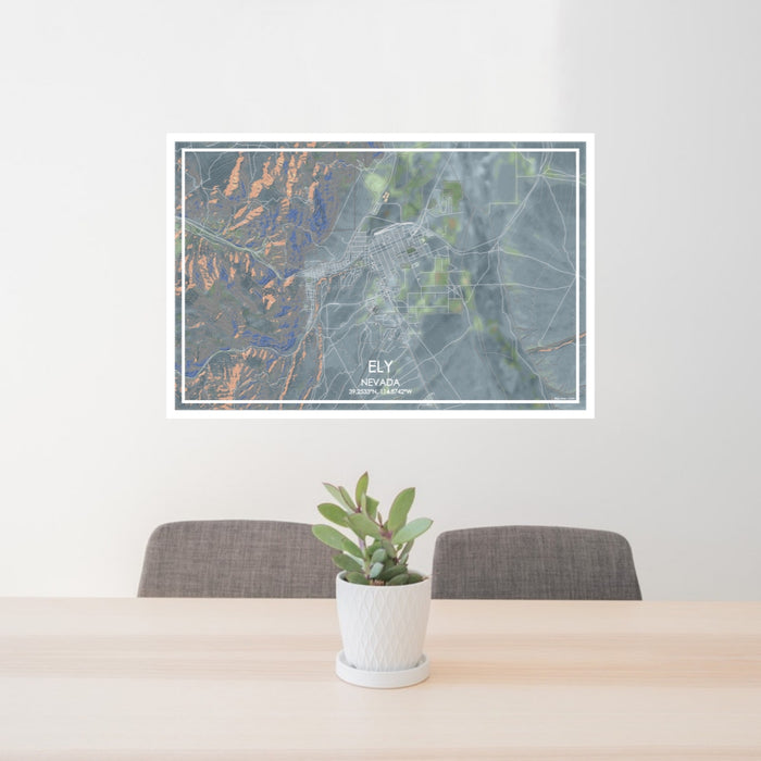 24x36 Ely Nevada Map Print Lanscape Orientation in Afternoon Style Behind 2 Chairs Table and Potted Plant
