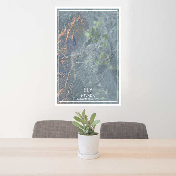 24x36 Ely Nevada Map Print Portrait Orientation in Afternoon Style Behind 2 Chairs Table and Potted Plant