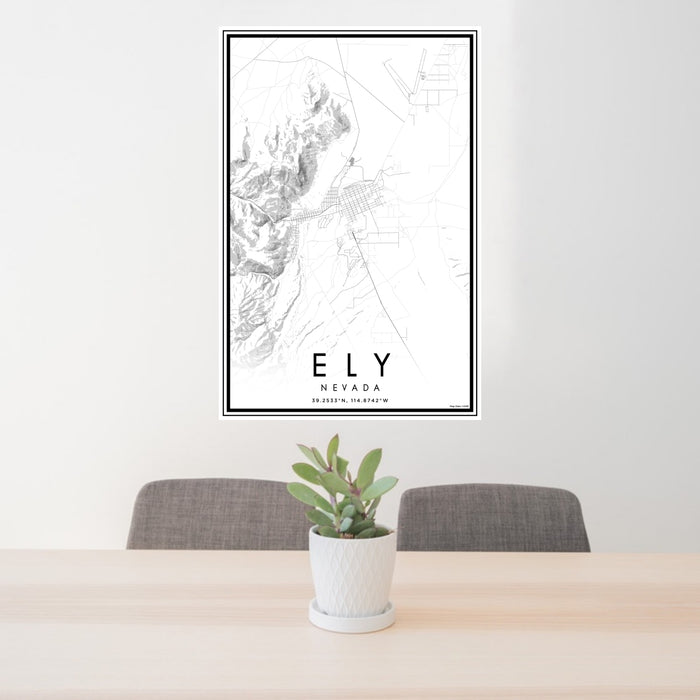 24x36 Ely Nevada Map Print Portrait Orientation in Classic Style Behind 2 Chairs Table and Potted Plant