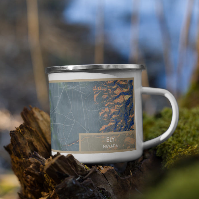 Right View Custom Ely Nevada Map Enamel Mug in Afternoon on Grass With Trees in Background