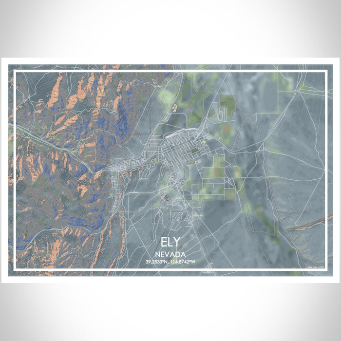 Ely Nevada Map Print Landscape Orientation in Afternoon Style With Shaded Background