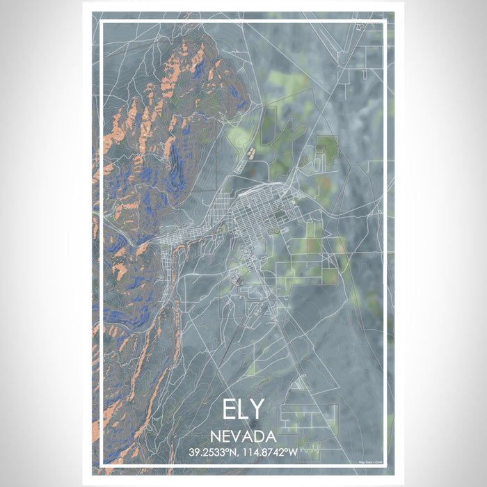 Ely Nevada Map Print Portrait Orientation in Afternoon Style With Shaded Background
