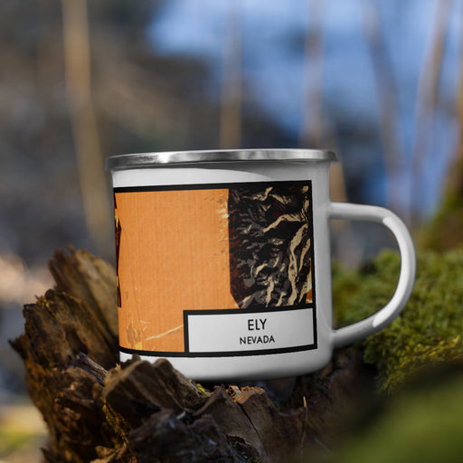 Right View Custom Ely Nevada Map Enamel Mug in Ember on Grass With Trees in Background