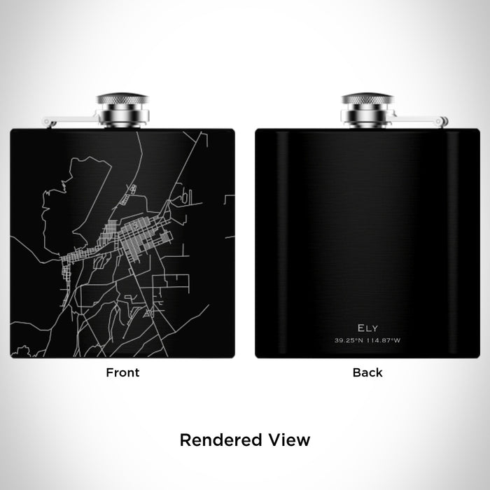 Rendered View of Ely Nevada Map Engraving on 6oz Stainless Steel Flask in Black