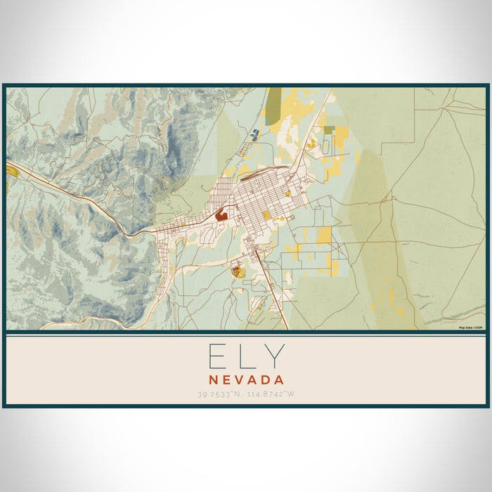 Ely Nevada Map Print Landscape Orientation in Woodblock Style With Shaded Background