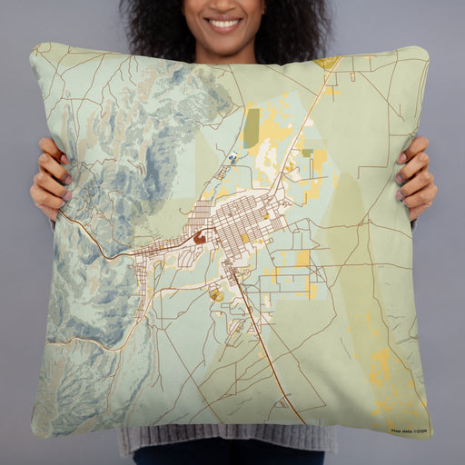 Person holding 22x22 Custom Ely Nevada Map Throw Pillow in Woodblock