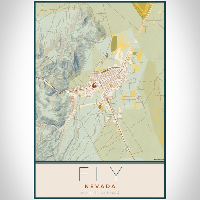 Ely Nevada Map Print Portrait Orientation in Woodblock Style With Shaded Background