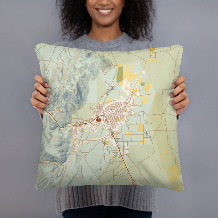 Person holding 18x18 Custom Ely Nevada Map Throw Pillow in Woodblock