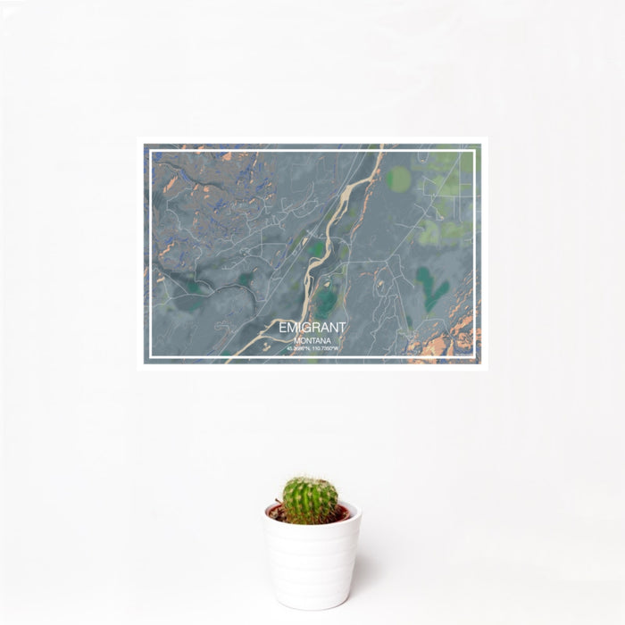 12x18 Emigrant Montana Map Print Landscape Orientation in Afternoon Style With Small Cactus Plant in White Planter
