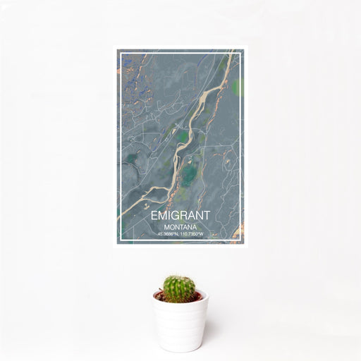 12x18 Emigrant Montana Map Print Portrait Orientation in Afternoon Style With Small Cactus Plant in White Planter