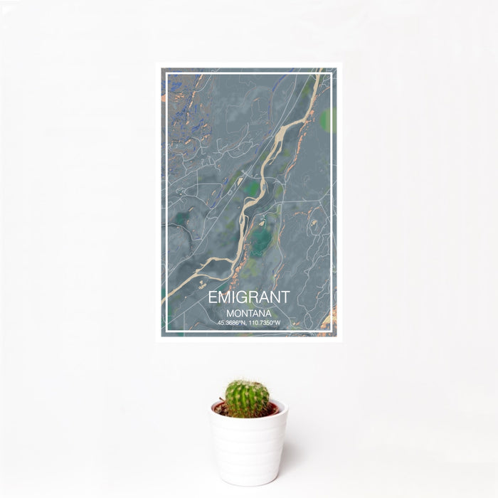 12x18 Emigrant Montana Map Print Portrait Orientation in Afternoon Style With Small Cactus Plant in White Planter