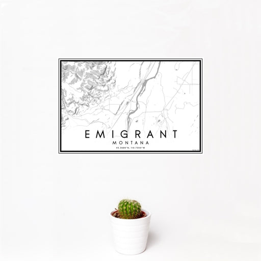 12x18 Emigrant Montana Map Print Landscape Orientation in Classic Style With Small Cactus Plant in White Planter
