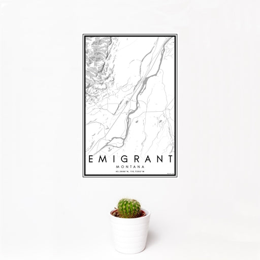 12x18 Emigrant Montana Map Print Portrait Orientation in Classic Style With Small Cactus Plant in White Planter